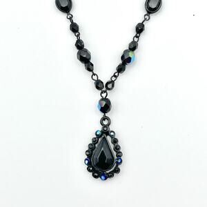 Robert Rose Beaded Pendant Necklace Black Aurora Borealis Teardrop AB Whimsigoth